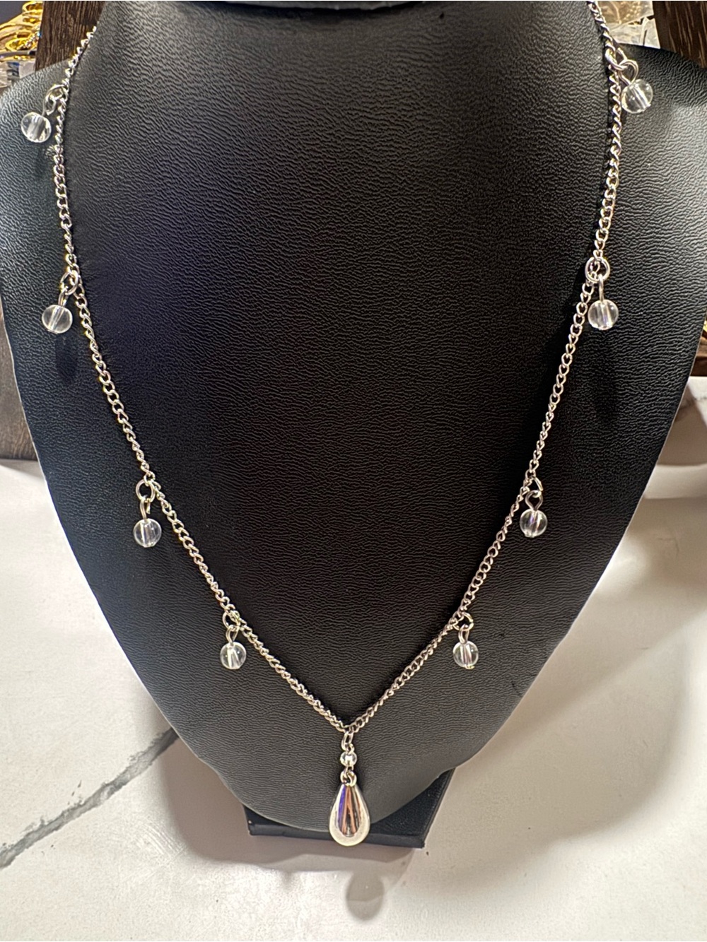Stainless steel Teardrop & Bead Dangle Necklace - Clear
